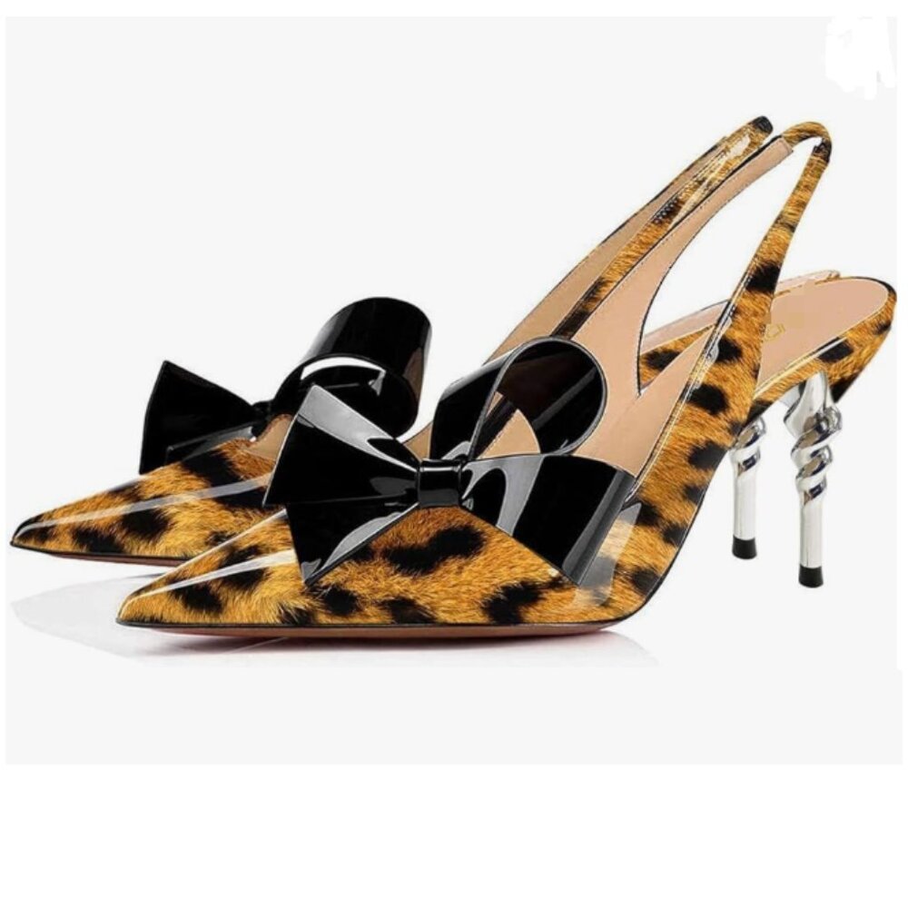 FOWT Leopard Pointed Toe Slingback Bow Dress Pumps Stiletto Heel Prom Sandals